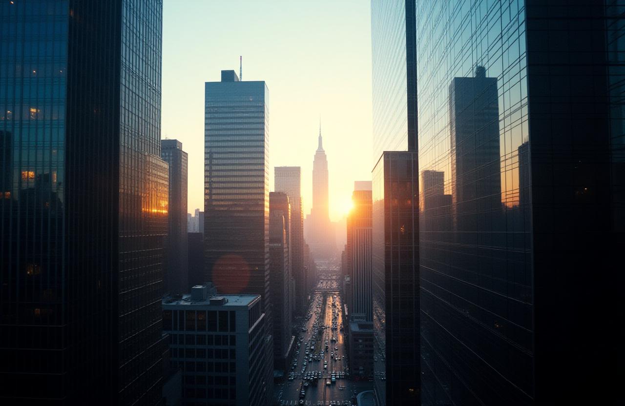 Panoramic view of New York financial district at dawn